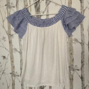 Lane Bryant White Top with Blue and White Stripe Ruffle Short Sleeve Top 18/20